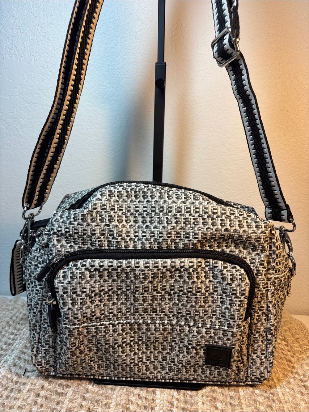 IHKWIP Woven Crossbody Bag Black White Houndstooth Tweed Guitar Strap Multi Pock